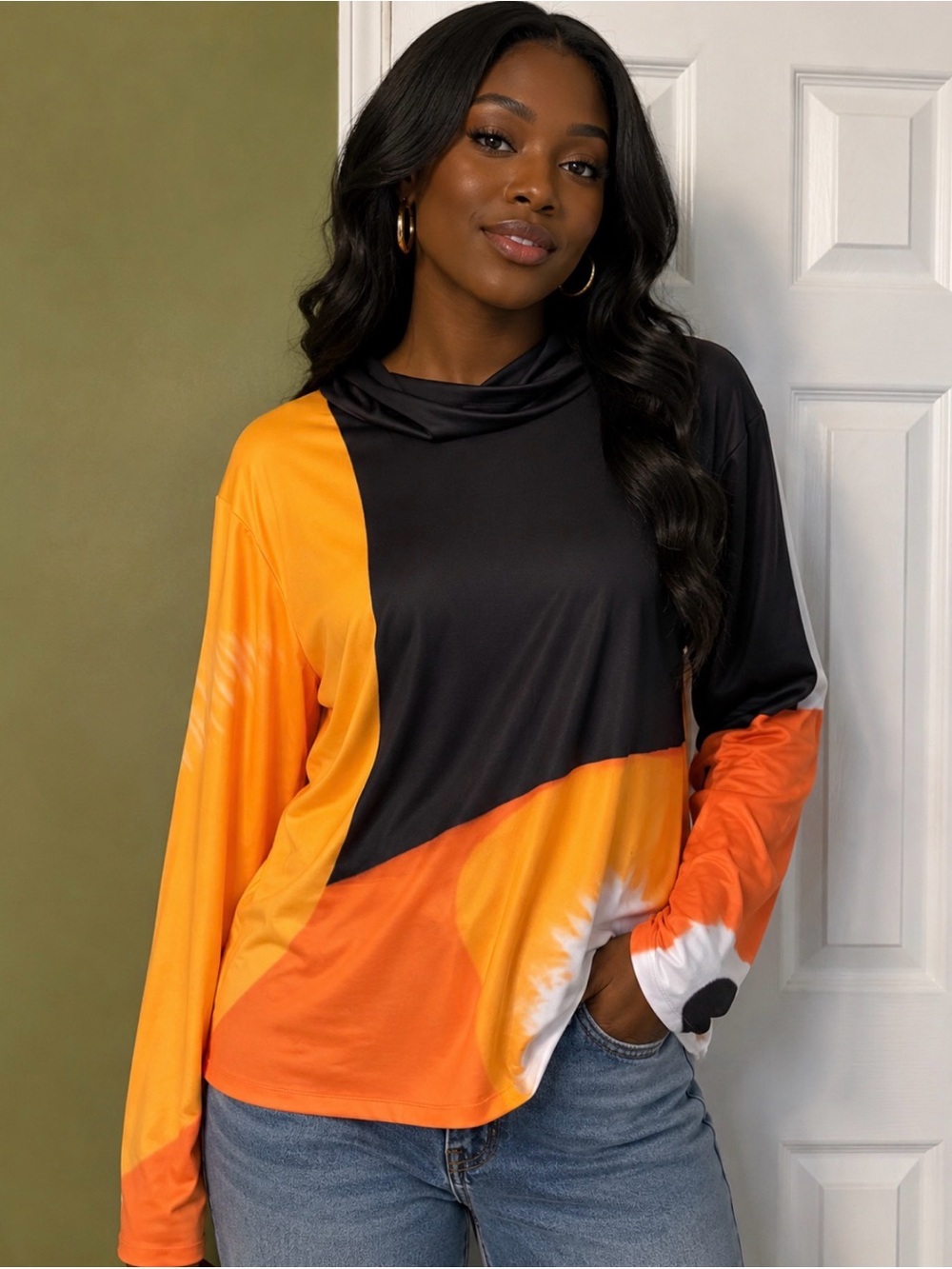 Colorblock Orange and Black Lightweight Turtleneck Jersey